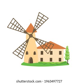 Vector color icon of vintage windmill for emblem or flyer decoration in simple style isolated on white background