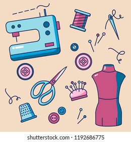 Vector color icons, needlework and sewing tools with machine and layman-figure