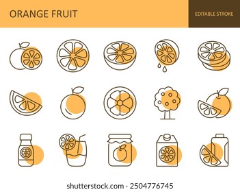 Vector color icons orange fruit. Whole citrus with leaf, in cut and half. Drinks fresh juice with tube, tree with fruit, sweet jam in jar. Editable stroke thin line black set on white background.