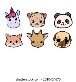 Vector color icons set with cute different breeds pixel animals.  Cell-picture isolated animal template for design