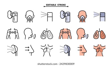 Vector color icons set of nebulizers of different types. Editable stroke. Vector simple illustration. Healthcare symbol isolated on white background.