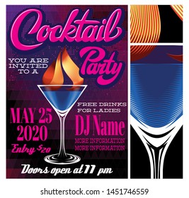 Vector color illustration for advertising cocktail party with a glass and calligraphic inscription.
