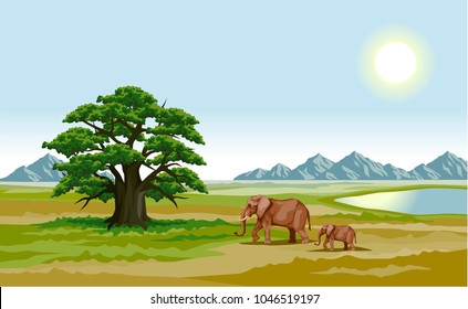 vector color illustration of the African Savannah on a Sunny day.
a large tree, two running elephants, a lake, and a mountain range on the horizon.