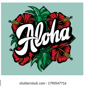 Vector color illustration with Aloha lettering, palm leaves and hibiscus.