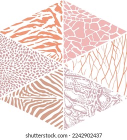 Vector color illustration of animal patterns of wild animals on triangular surfaces