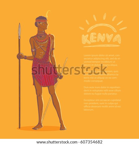Vector color illustration. Armed african warrior of the Masai tribe in traditional clothes and jewelry on a bright background and space for advertising text. Tourism in Kenya and Tanzania