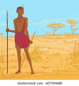 Ilustración de color de Vector. Armado con guerrero de lanza de la tribu Masai con ropa tradicional y joyas contra el fondo del paisaje de la sabana. Africanos que viven en Kenia y Tanzania