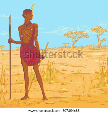 Vector color illustration. Armed with spear warrior of the Masai tribe in traditional clothes and jewelry against the background of the savannah landscape. African people living in Kenya and Tanzania