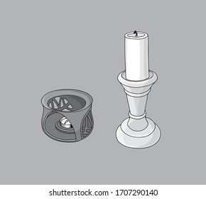 Vector  color illustration Aromatherapy with candle and oil burner. Wellness and body care card design. Relaxation and recreation. Home decor items. Isolated objects. 