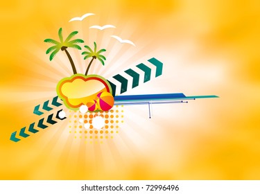 Vector color illustration. Beach, sun, palm trees, beach ball