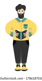 Vector color illustration: a bearded man in a yellow shirt reading a book