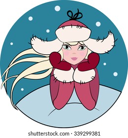 Vector color illustration of beautiful blond woman with a winter fur cap at the snow circle background. Christmas girl for your design, christmas cards, banner, poster.