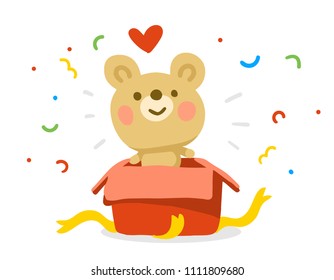 Vector color illustration of beautiful cartoon happy bear in open gift box with confetti on white background. Hand drawn flat style design for web, site, greeting card, invitation, sticker, print