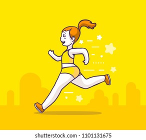 Vector color illustration of a beautiful fitness girl training to run on yellow city background. Hand drawn line art style sport girl for web, site, card, t-shirt, print
