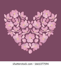 Vector color illustration of beautiful flowers. In the shape of a heart. Design element for greeting card, banner, invitation, flyer. Wedding background. Saint valentines day