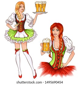 Vector color illustration of a beautiful two girls with a glass of beer in their hands. In traditional Oktoberfest clothing. Set isolated on a white background