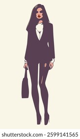 
Vector color illustration of a beautiful young woman in a fashionable business suit with a bag, for the design of prints in a simplified style on the theme of beauty and fashion