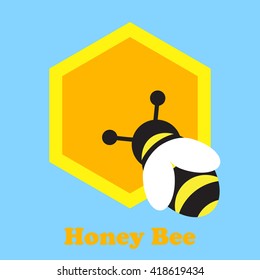 Vector color illustration of the bee and honeycomb with text Honey Bee on the blue background. Vector cartoon illustration.