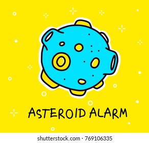 Vector color illustration of big blue asteroid. Space cartoon object on yellow background with text. Line art flat style hand drawn doodle design for web, site, banner