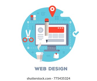 Vector color illustration of big computer monitor, cup of coffee, pencil and icons. Creative web design concept on blue background with title. Flat style design for web, site, business presentation