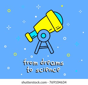 Vector color illustration of big telescope. Space observation cartoon object on blue sky background with text. Line art flat style hand drawn doodle design for web, site, banner