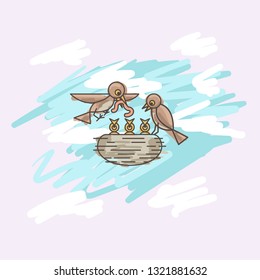 vector color illustration of birds feed chicks