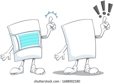 Vector color illustration of a blank paper cartoon character wearing a medical mask  isolated of White Background