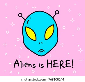 Vector color illustration of blue color alien head. Cartoon fantastic emoji emblem. Simple object on pink background. Line art flat style hand drawn doodle design for web, site, banner, tshirt