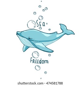 Vector color illustration with a blue whale for posters, flyers, invitations, postcards