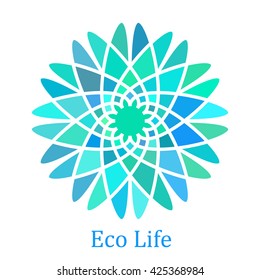 Vector color illustration of the bright stylized mosaic flower with text Eco Life.