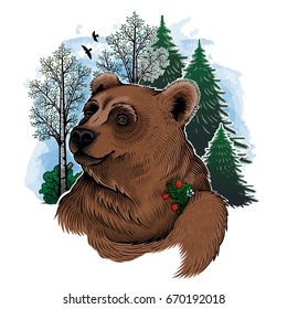Vector Color Illustration of a Brown Bear with wild strawberries in forest