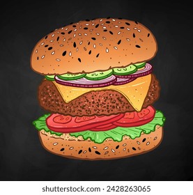 Vector color illustration of burger fast food meal with cutlet and cheese on chalkboard background