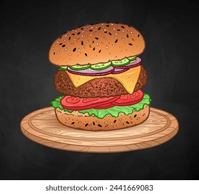 Vector color illustration of burger fast food meal with cutlet and cheese on wooden round cutting board on chalkboard background