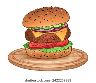 Vector color illustration of burger sandwich fast food meal with cutlet and cheese on wooden round cutting board