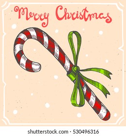 Vector color illustration of a candy cane with bow,text Merry Christmas on background with abstract paper texture,retro frame.Lollipop sketch.Linear art in vintage style for your design.
