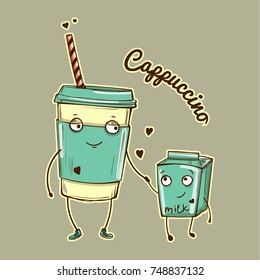 Vector color illustration of cappuccino and milk cute characters