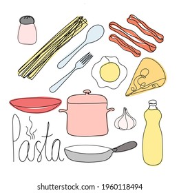 Vector color illustration of a carbonara pasta set. Plate, skillet, bacon, casserole, egg yolk, salt, bacon, pasta, fork, spoon, garlic, and cheese. One line hand drawn style.