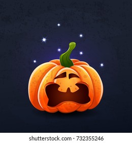 Vector color illustration of cartoon Halloween pumpkin with face on dark shabby background. Object image to create original web games, graphic design