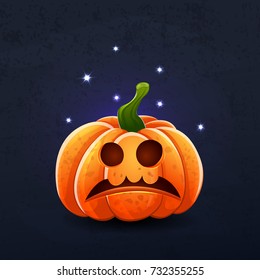 Vector color illustration of cartoon Halloween pumpkin with face on dark shabby background. Object image to create original web games, graphic design