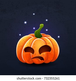 Vector color illustration of cartoon Halloween pumpkin with face on dark shabby background. Object image to create original web games, graphic design