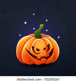Vector color illustration of cartoon Halloween pumpkin with face on dark shabby background. Object image to create original web games, graphic design