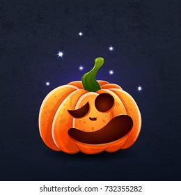 Vector color illustration of cartoon Halloween pumpkin with face on dark shabby background. Object image to create original web games, graphic design