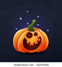 Vector color illustration of cartoon Halloween pumpkin with face on dark shabby background. Object image to create original web games, graphic design