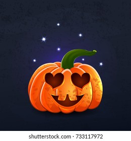 Vector color illustration of cartoon Halloween pumpkin with face on dark shabby background. Object image to create original web games, graphic design