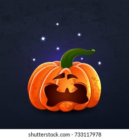 Vector color illustration of cartoon Halloween pumpkin with face on dark shabby background. Object image to create original web games, graphic design