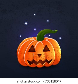 Vector color illustration of cartoon Halloween pumpkin with face on dark shabby background. Object image to create original web games, graphic design