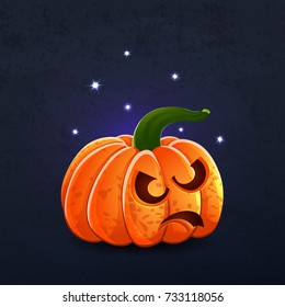 Vector color illustration of cartoon Halloween pumpkin with face on dark shabby background. Object image to create original web games, graphic design
