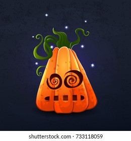 Vector color illustration of cartoon Halloween pumpkin with face on dark shabby background. Object image to create original web games, graphic design
