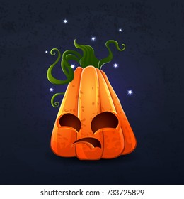 Vector color illustration of cartoon Halloween pumpkin with face on dark shabby background. Object image to create original web games, graphic design