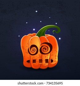 Vector color illustration of cartoon Halloween pumpkin with face on dark shabby background. Object image to create original web games, graphic design